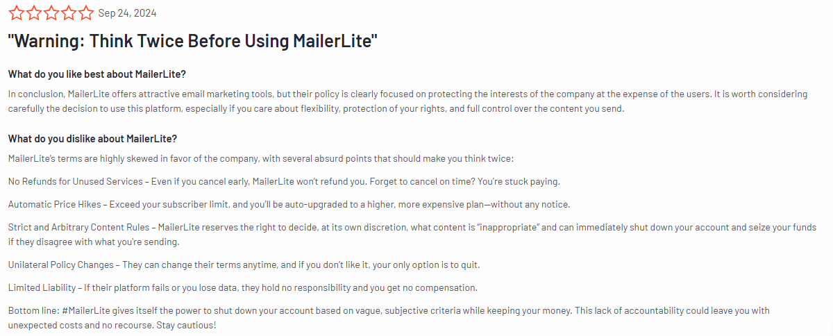 Screenshot of a MailerLite review highlighting pricing issues and automatic price increases
